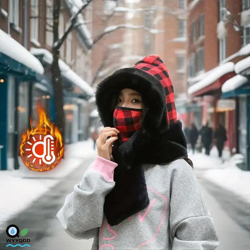 

Winter Plush Hat and Scarf Set with Detachable Mask, Thickened Fleece-Lined Ear Protection,Windproof Design in Checkered Pattern