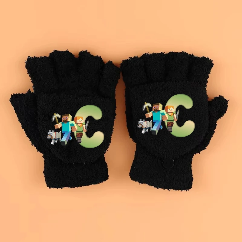 Winter Warm Houden Handschoenen Jongen Minecrafted Zwarte Korte Halve Vinger Gebreide Polshandschoen Mode Accessoires Kinderen Verjaardag Kerstcadeau