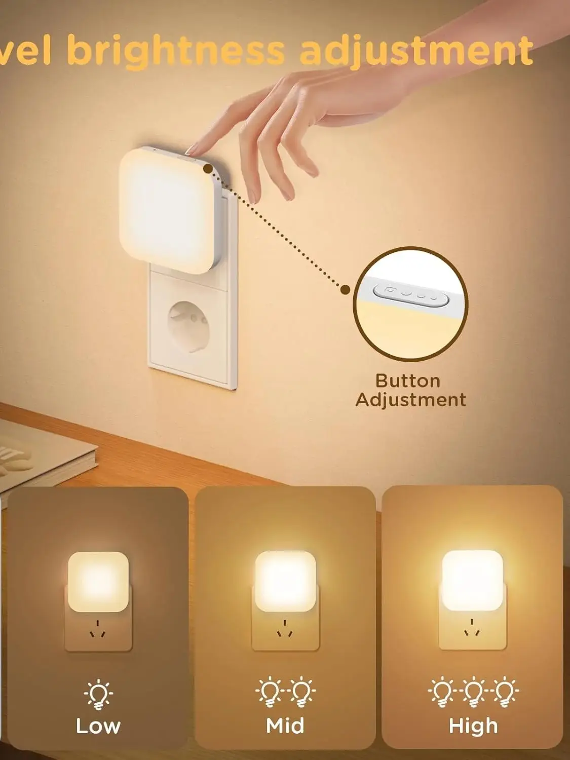 1 pièce/2 pièces lumières par la nuit veilleuse LED à intensité variable, plug-in, capteur du crépuscule à l'aube, réglable, Compact, 4 réglages, lumière ambiante