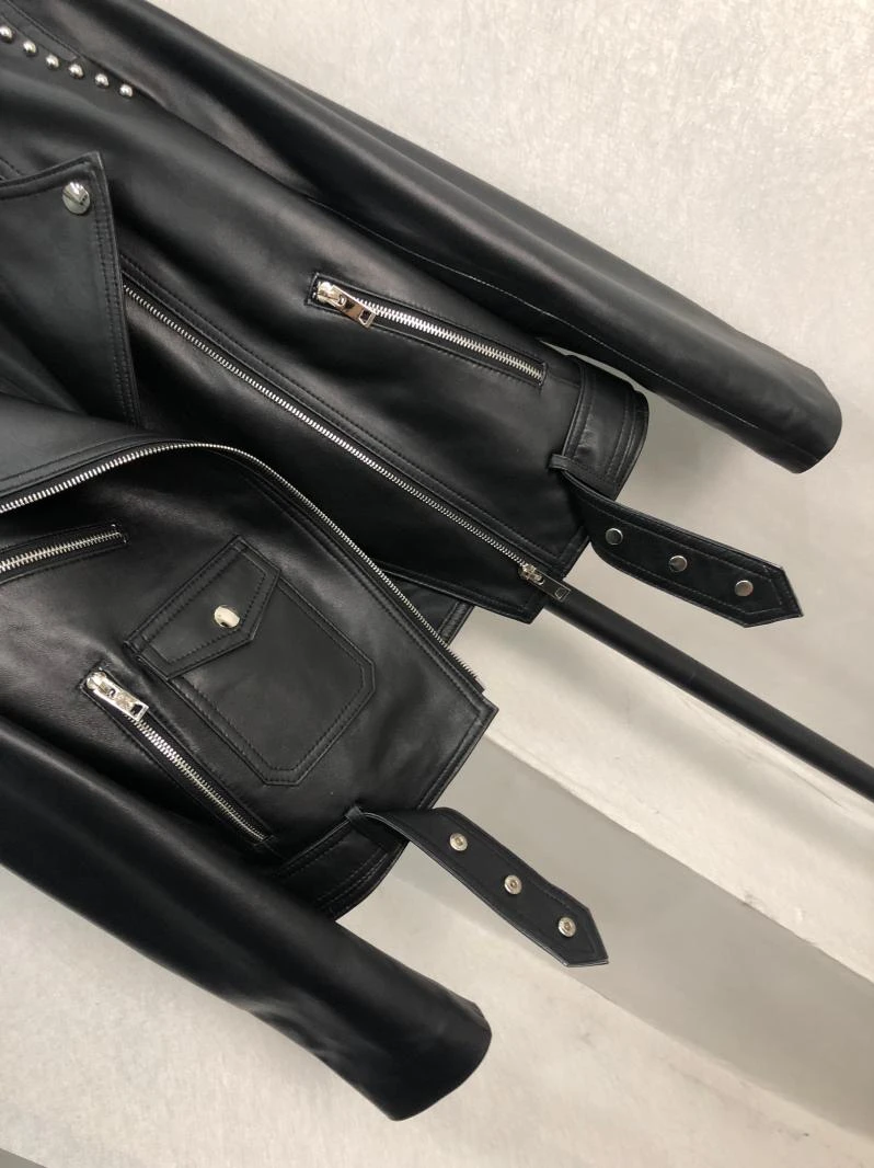 Heißer verkauf Motorrad Niet Leder Jacke Für Frauen Schwarz Casual Echtem Schaffell Mantel Punk Frühling Herbst Jacke Plus Größe