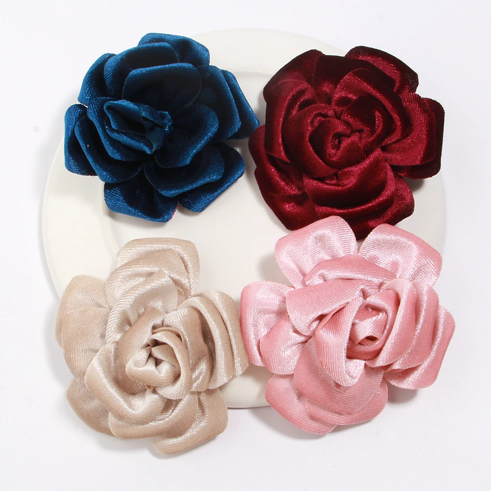 

10cm 3.94inch 3D Velvet Rolled Rose Handmade Camellias Fabric Hair Flowers Burnt Singed Hair Floral For Women Accessories DM893