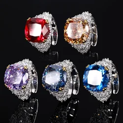 2024 New Jewelry S925 Silver Plated 18K Corundum Bird's Nest Cut Retro Fat Square Ring Women's 14 * 14 Ring