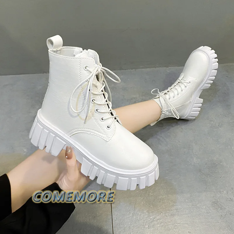 Ankle Boots Patent Leather Boots for Women Lace Up Platform Boots Women‘s Autumn Winter Keep Warm Non-slip Short Booties Ladies