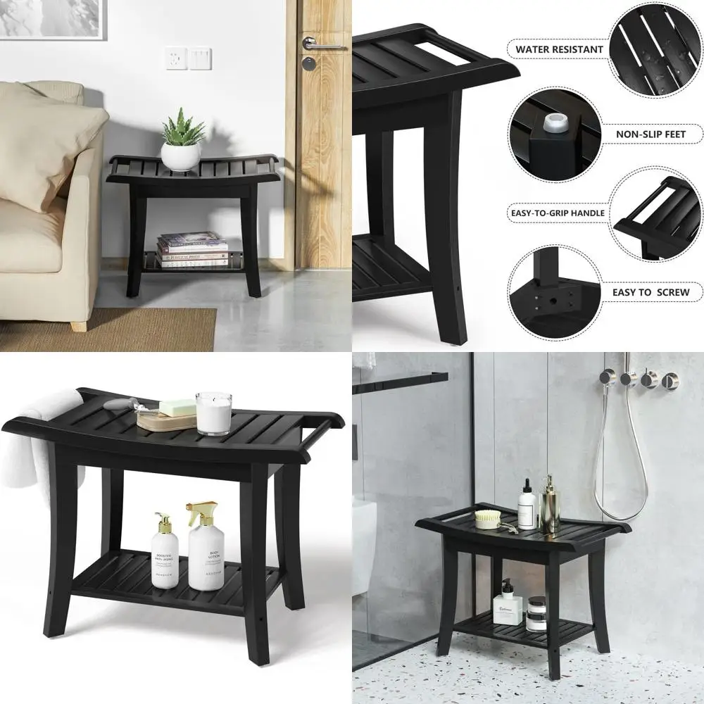 

Space-Saving Bamboo Shower Stool with Storage Shelf, Waterproof Bath Seat for Unisex, All Ages, and Elderly Use