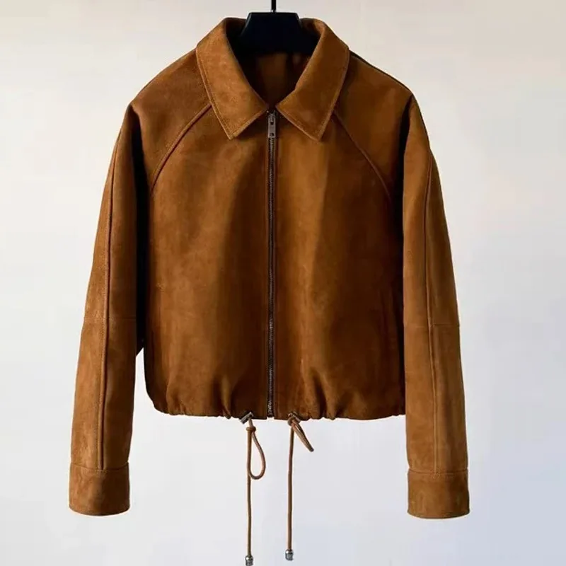 Retro Leather Flower Bud Brown Jacket for Women Trendy Kid Suede Drawstring Silhouette Short Coat Streetwear Chill Casaco Femini