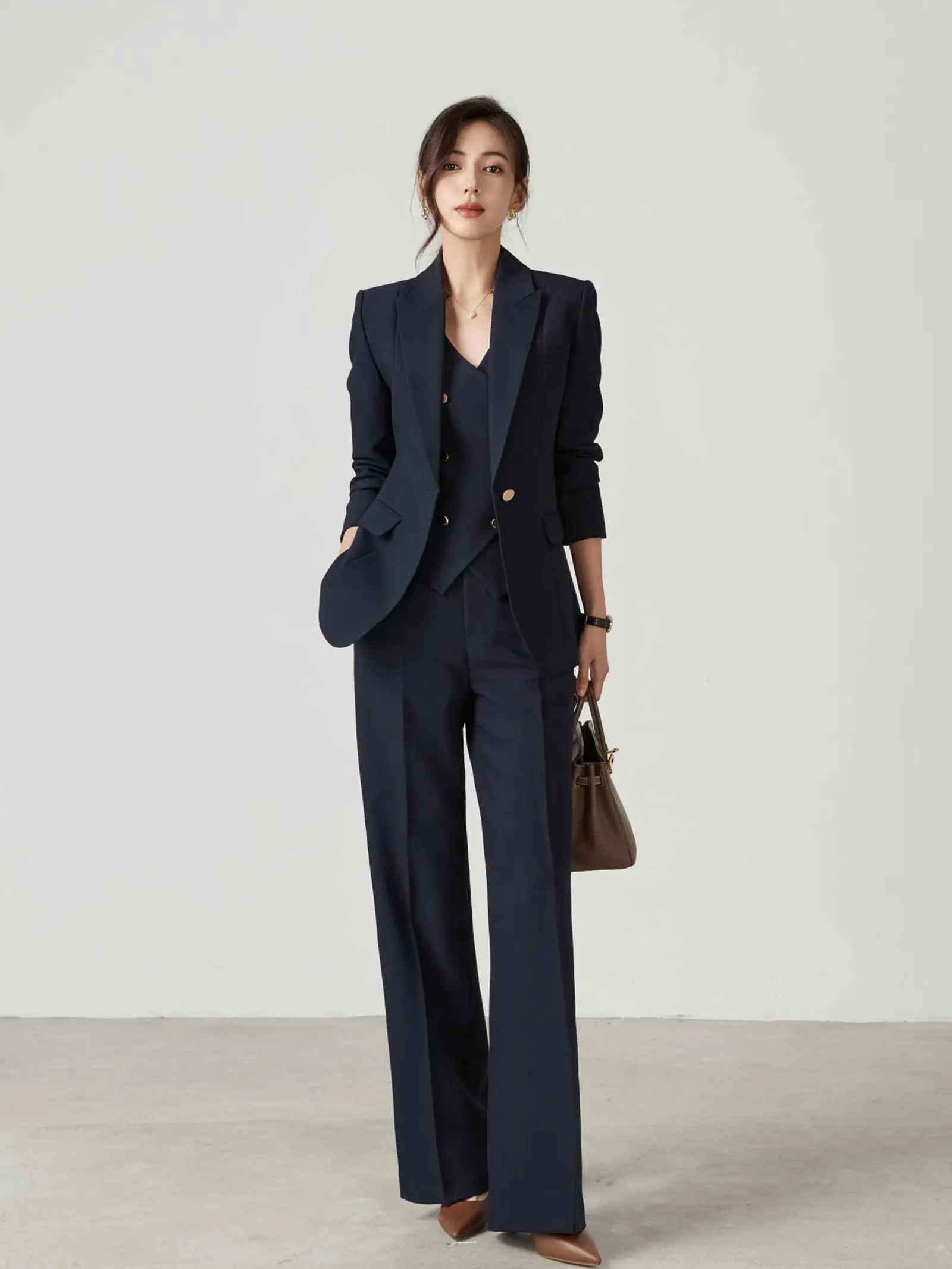 

Women's Profional Wool Suit Set Slim Fit Straight Leg Pants Navy Color Spring Autumn Winter Office Busin Casual Wear