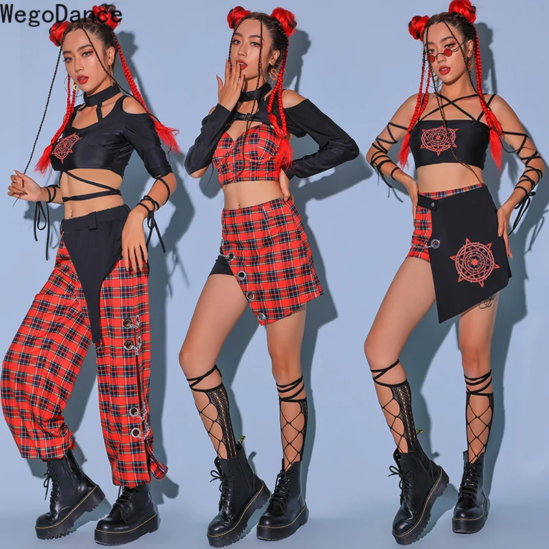 

Клетчатый корейский танцевальный костюм для женщин и девочек, групповой сценический наряд, комплект одежды для джазовой практики