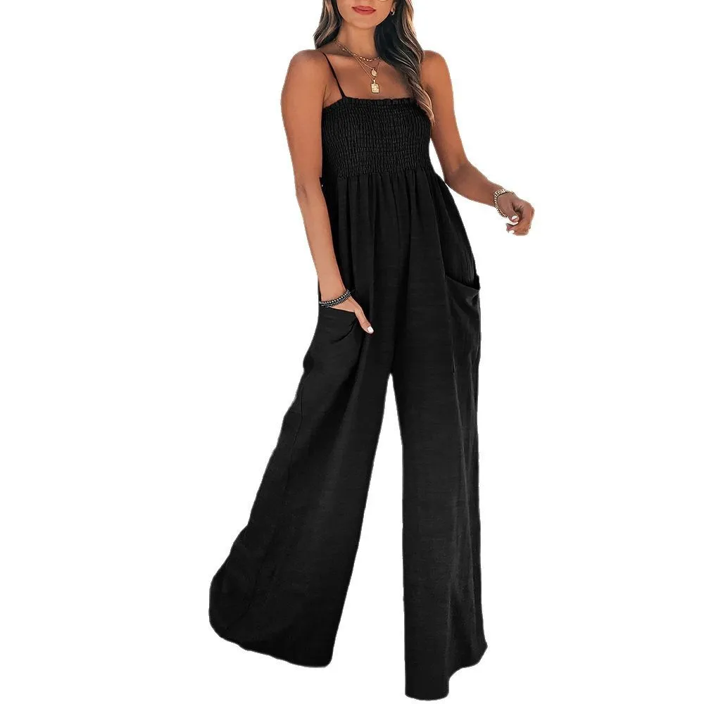 Women's clothing 2025 spring new fashion solid color pleated tube top simple and thin high waist suspender jumpsuit cw78955