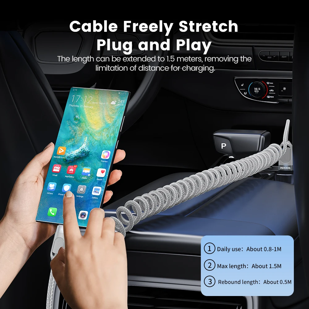 Toocki USB سيارة الربيع نوع C كابل آيفون 17 16 برو شاومي سامسونج 1.5 متر 3A شحن سريع شاحن USB C سلك البيانات للكمبيوتر اللوحي #6