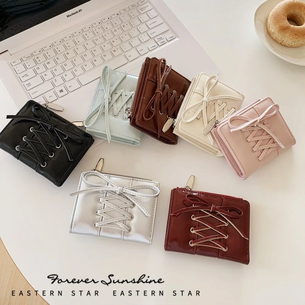 

New Folding Coin Purse Portable Strap Bow Mini Wallets Zipper Credit Card Holder Gift