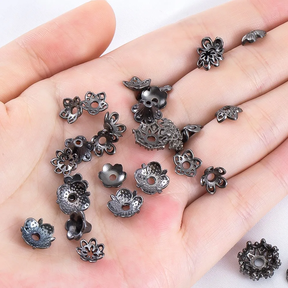 10pcs Gunblack Alloy Flower Cap Hollowed Spacers Bead Caps For DIY Bracelet Keychain Crafts Jewelry Accessories Materials - view 6