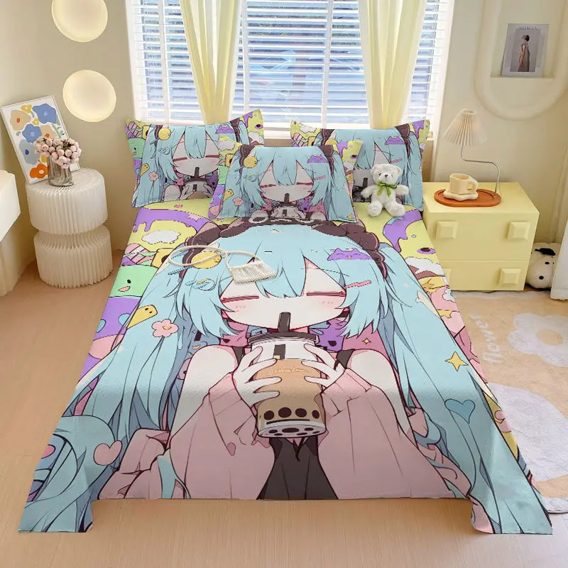 هاتسون ميكو أنيمي ثنائي الأبعاد الكرتون المطبوعة ملاءة سرير الإبداعية جرلي القلب طالب عنبر المخدة ثلاث قطع مجموعة