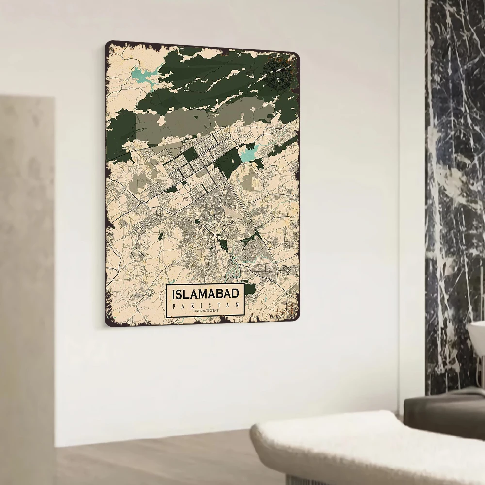 Vintage Style Islamabad City Map Metal Wall Art Pakistan Capital Decorative Painting Home Decoration Hanging