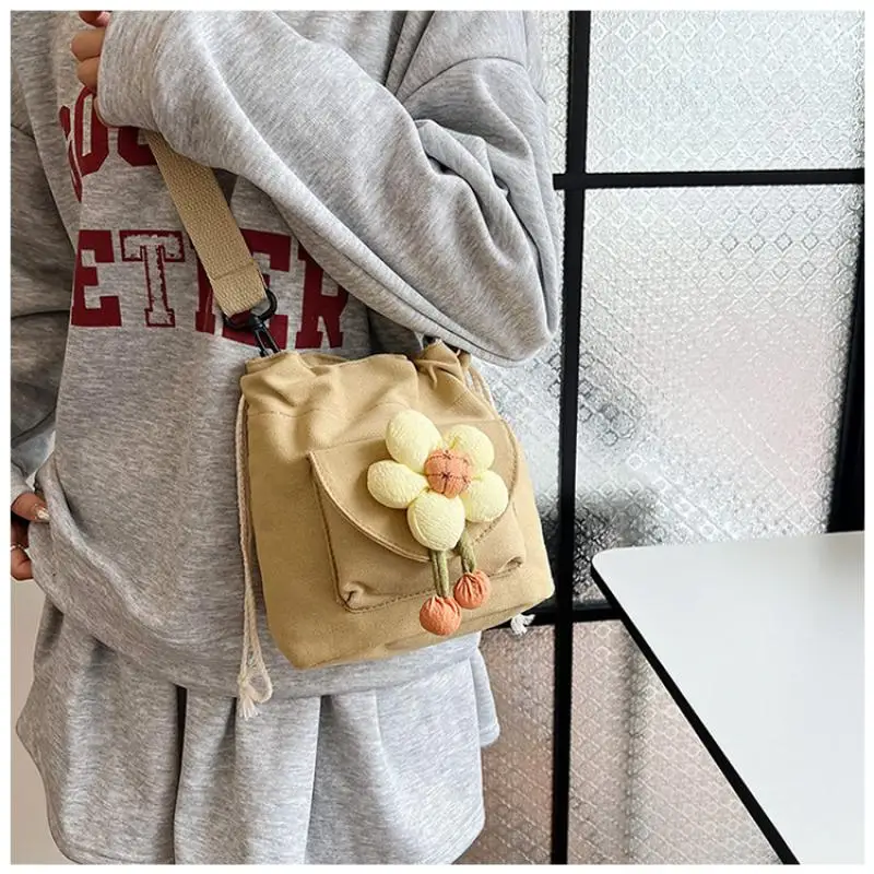 Bags for Women Trend 2024 Canvas Crossbody Bags Korean Phone Bag Fashion Drawstring Bucket Bag Girl Flower Cute Shoulder Bag New