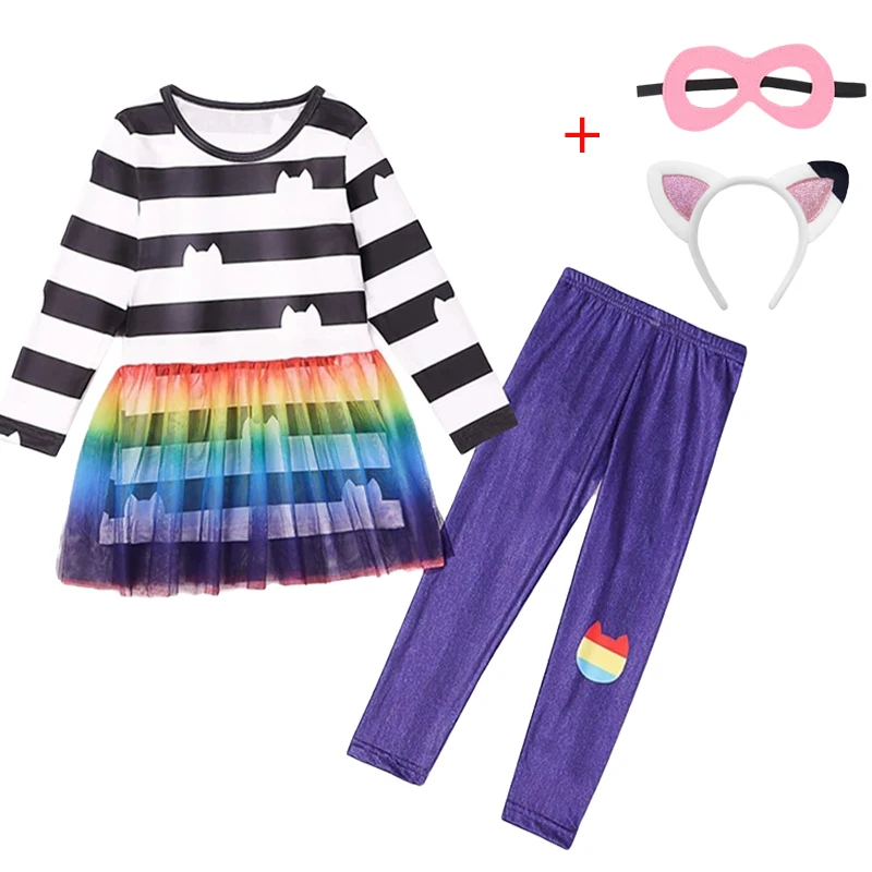 Spring Girls\' Clothing Gabby Doll House Cat Stripe Top Rainbow T-shirt Top Long Pants Set Children\'s Birthday Party Clothing Set