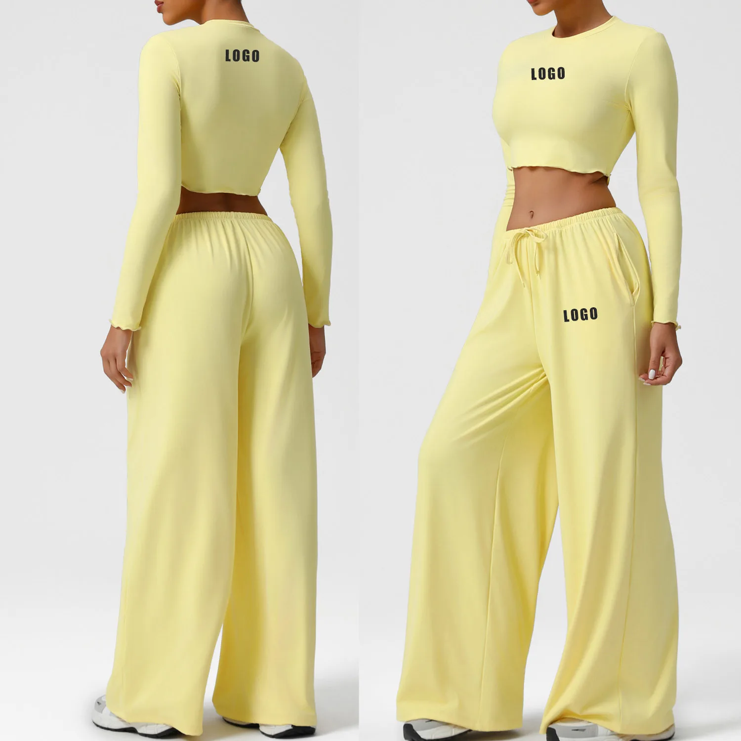 Customized LOGO women's dance sports loose drape wide-leg pants yoga clothes slim-fit long-sleeved tops fitness two-piece set