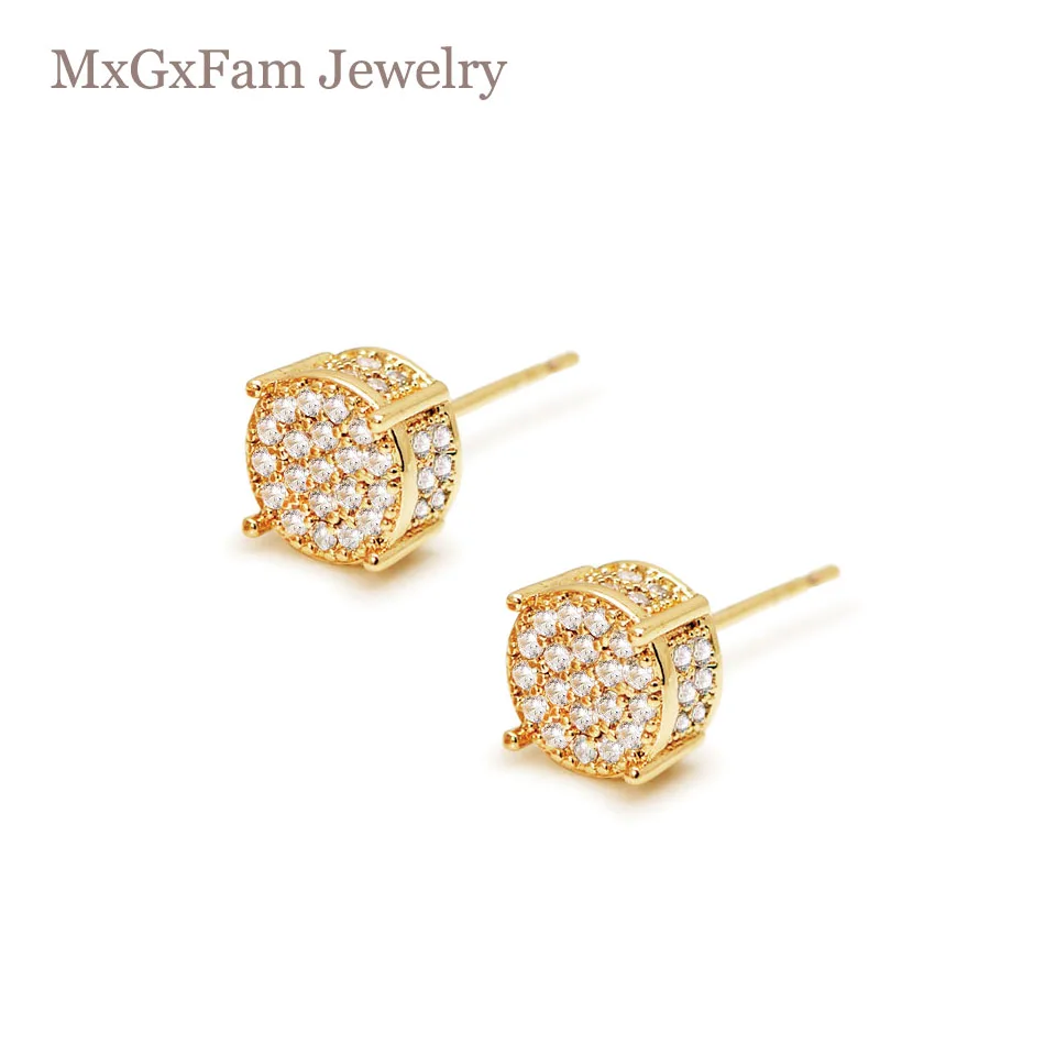 MxGxFam 8 Colors Choices Micro Full Zircon 12 mm Round Stud Earrings for Women Men Daily Wear Fashion Jewelry Pure Gold Plated