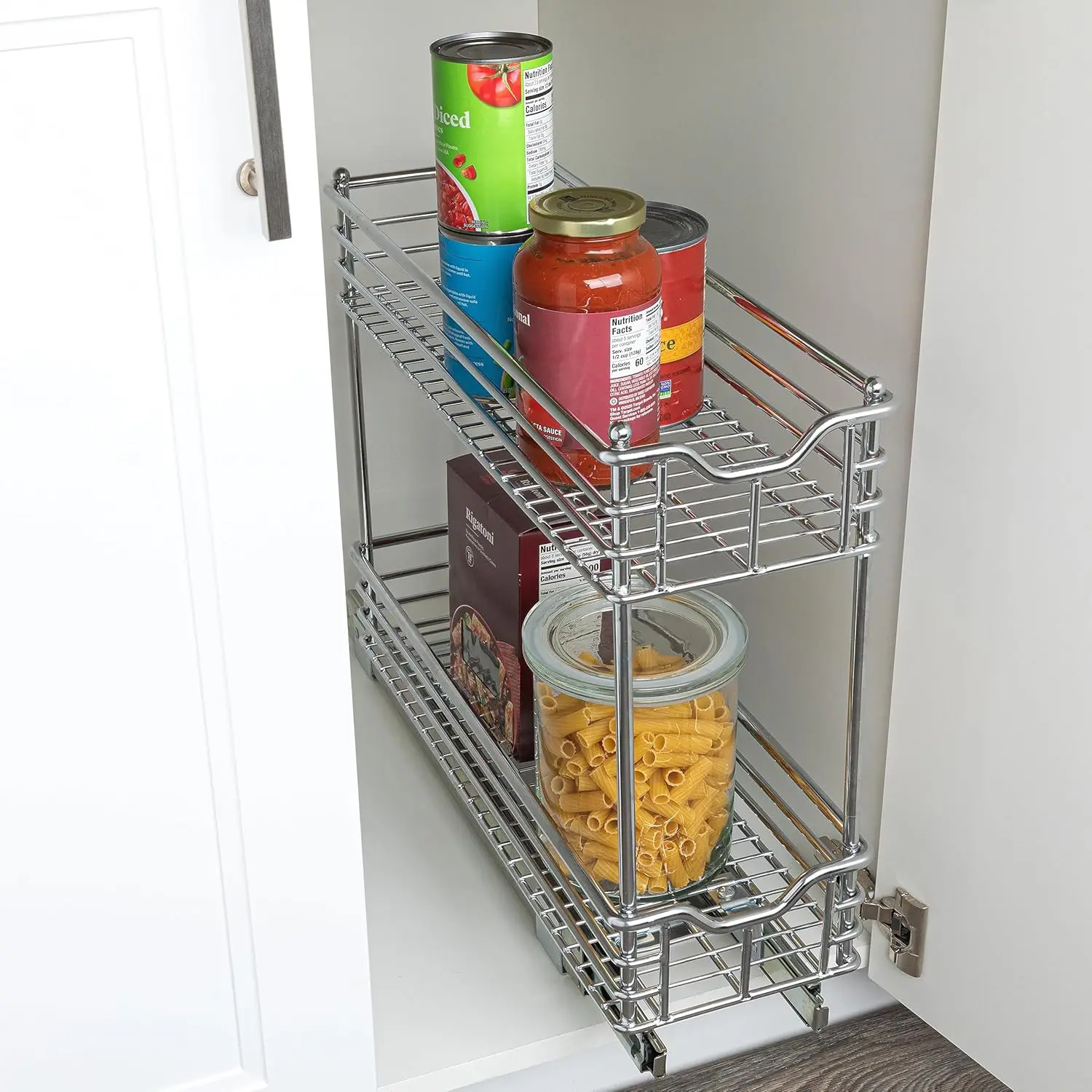 Household Essentials Narrow Sliding Cabinet Organizer, Two Tier Chrome Organizer, Chrome, Great for Slim Cabinets in Kitchen