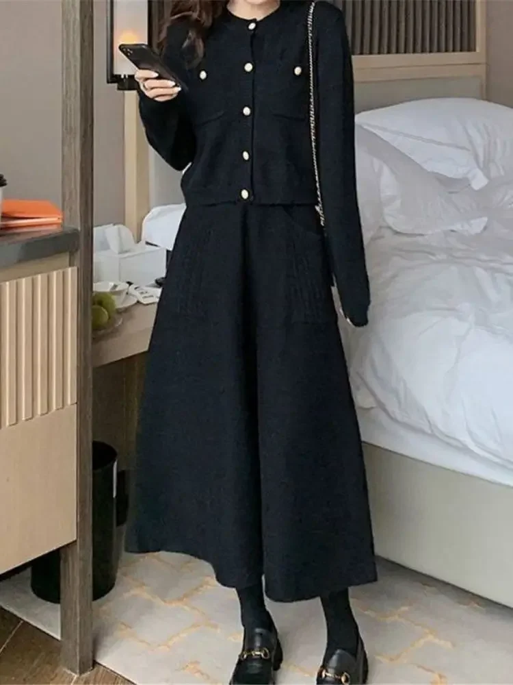 2024 Autumn Winter Warm Wool Knitting Long Skirts Women High Waist with Pocket Loose Female Solid Knit Mid-Calf Skirt B790