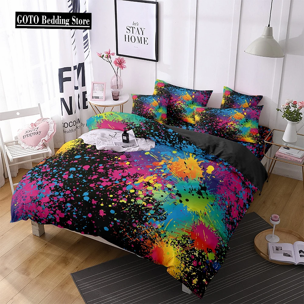 

Microfiber Duvet Cover + Pillowcases Bedding Set,Ultra Soft Watercolor Ink Dots Printed Comforter Cover Set with Zipper Closure