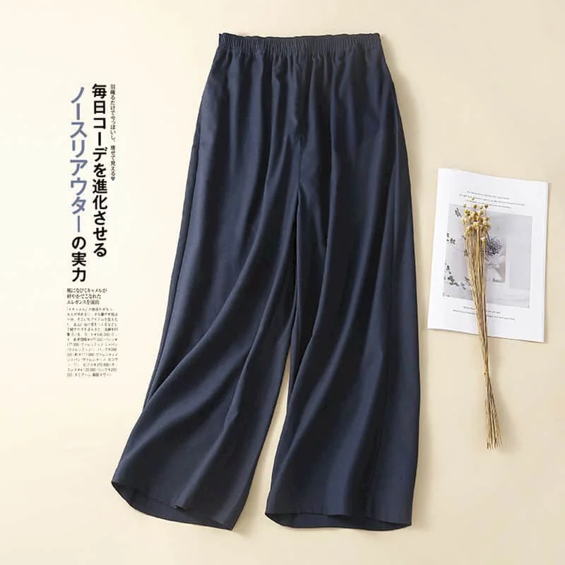 Women Straight Pants Solid Minimalism Elastic Waist Cropped Baggy Trousers Casual Wide Leg Pants Korean Style Women Clothing