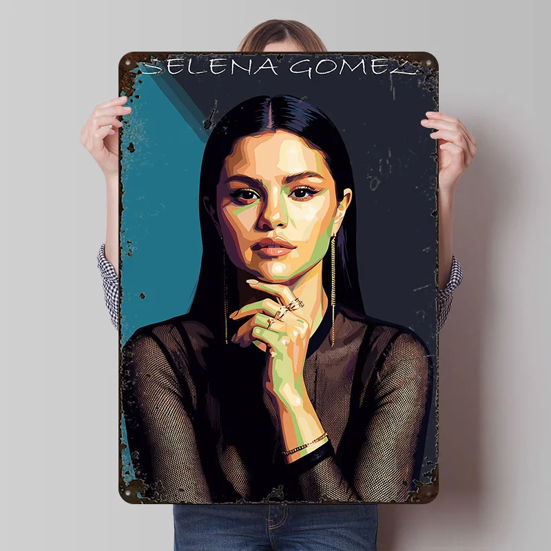 Selena Gomez Portrait Metal Poster Customized Wall Art Retro Vintage Tinplate Signs for Modern Home Decoration Luxury House Room