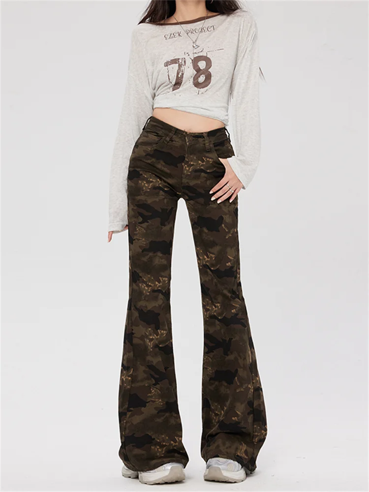 

2025 Fall Camo Wide Leg Jeans Women American Low Rise Loose Flared Trousers Non Clingy Streetwear Floor Length Denim Pants
