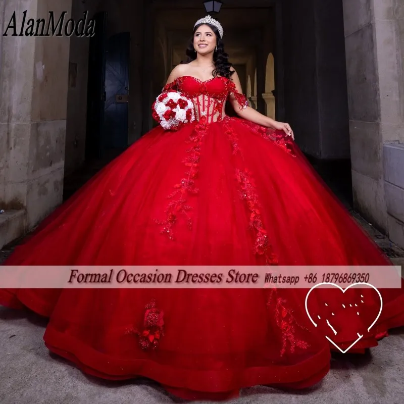 Simpatici abiti Quinceanera rossi Applique in pizzo Corsetto Abito da ballo Dolce 16 Abito da festa Sweetheart Vestido De XV Anos Personalizzato