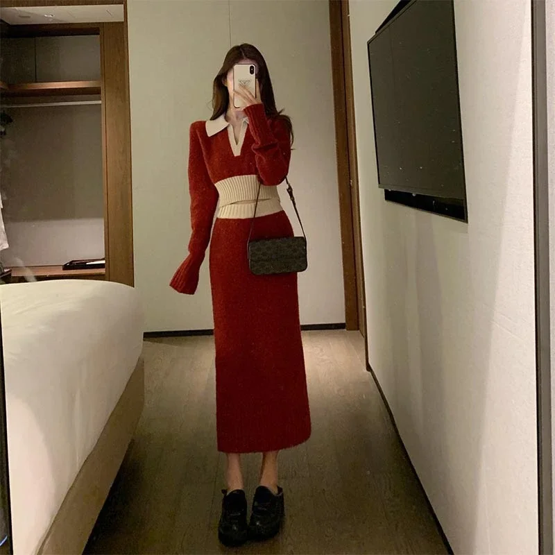 Retro Top Red Pullover Sweater 2 Piece Sets Womens Outfits High Waist A Line Knit Skirts Dress Suit 2025 New Club Party