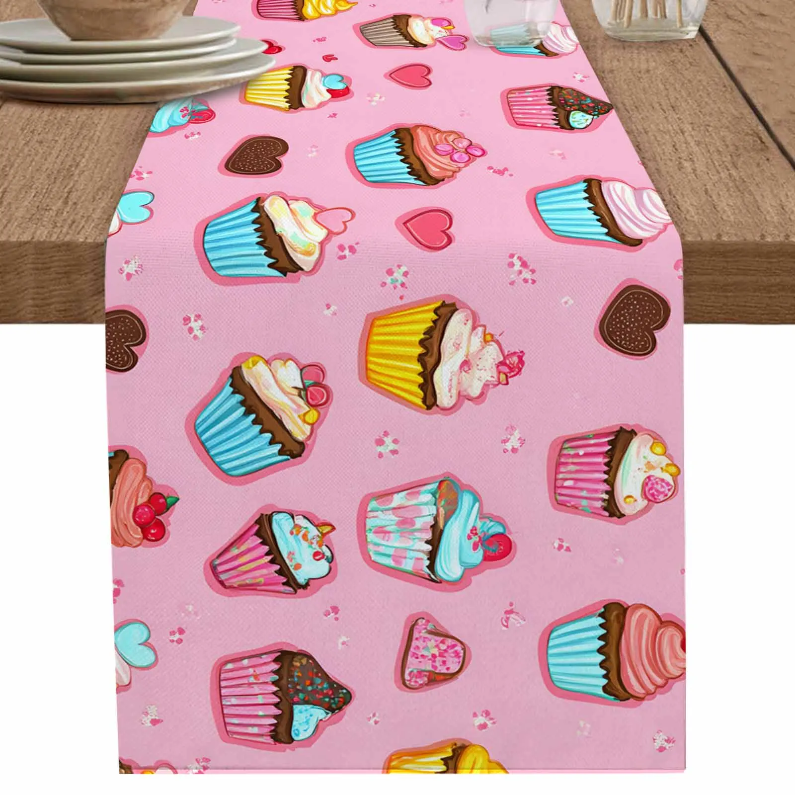 

Cartoon Cute Cake Dessert Linen Table Runner Wedding Party Spring Table Runners Dresser Scarf Decor