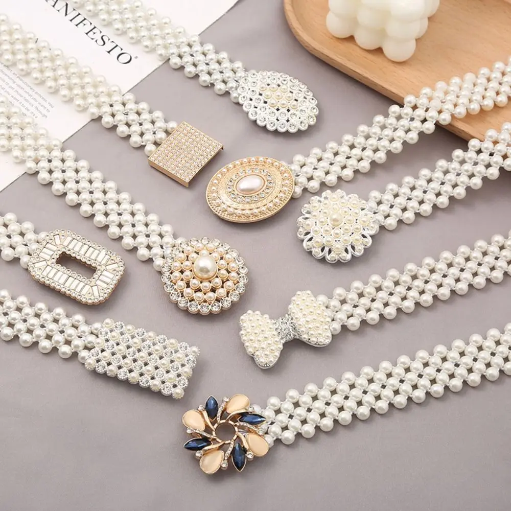 

Simple Bling Pearl Waist Belt Wide Rhinestone Elastic Waistband Metal Buckle Waist Strap Women Waist Belt Bride