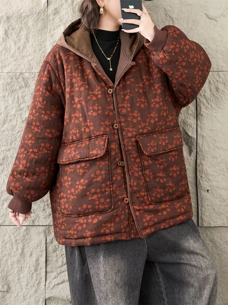 Mass Wasss 2025, Winter, warme, florale Baumwollmäntel, Damen, bedruckt, übergroße Parkas mit Kapuze, Damen, verdickt, Vintage-Punk, gepolsterte Jacke
