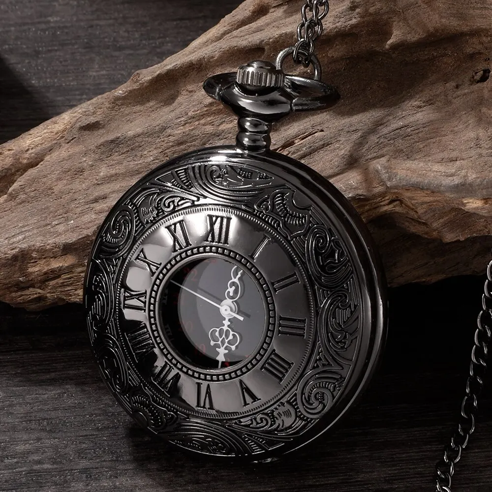 خمر سحر أسود للجنسين الأزياء الرومانية عدد الكوارتز Steampunk ساعة الجيب المرأة رجل قلادة قلادة مع سلسلة هدية