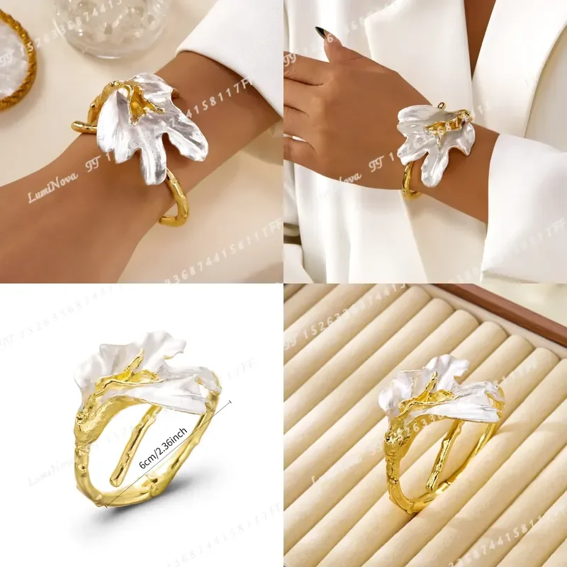 Exaggerated Metallic Bangle with Contrasting Colors Floral Design Horseshoe Lily of the Valley Openwork Details Suitable