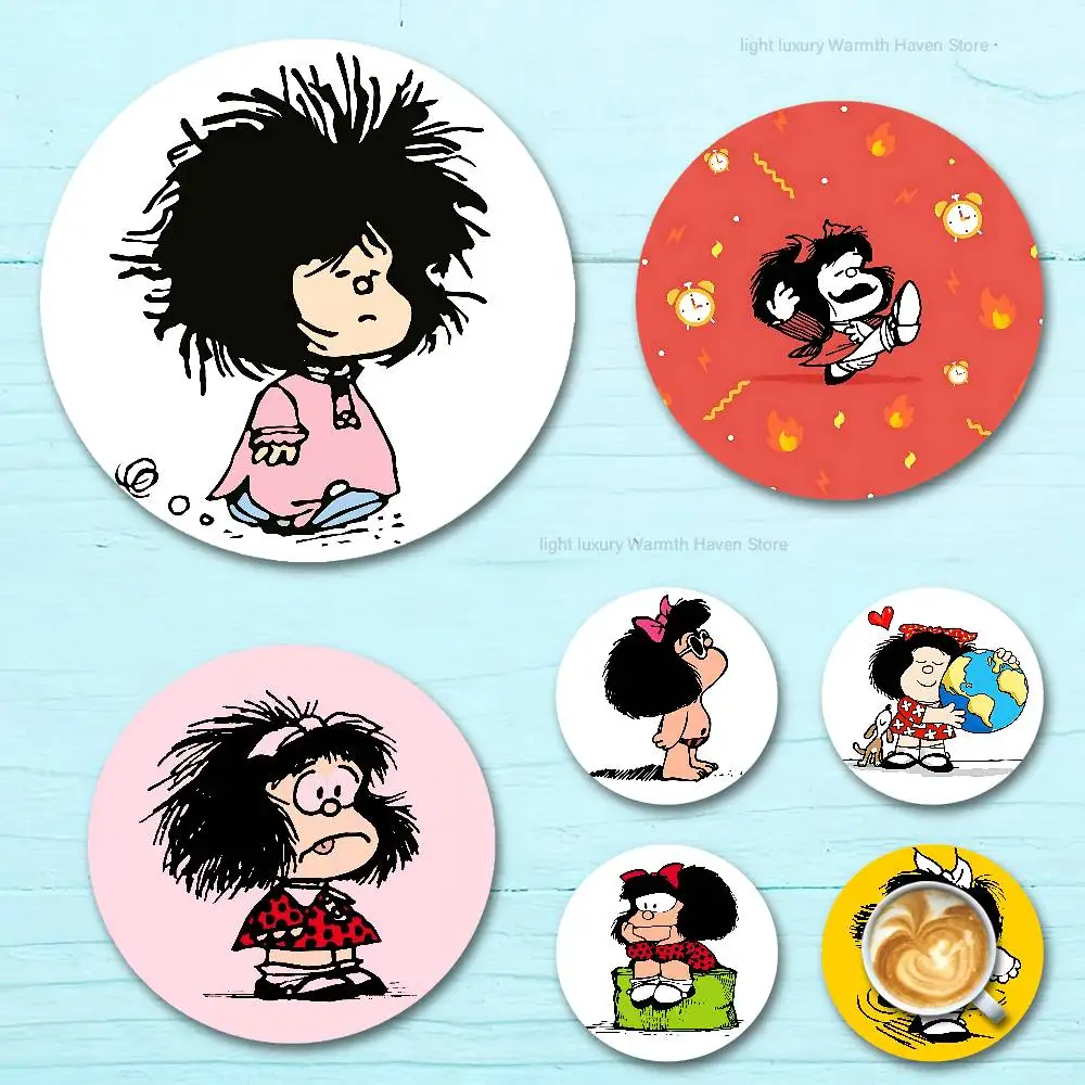 

Cute M-Mafaldas-S Heat Resistant Round Wooden Coasters Non-slip Drink Cafe Decoration 2D Flat Color Print Coasters