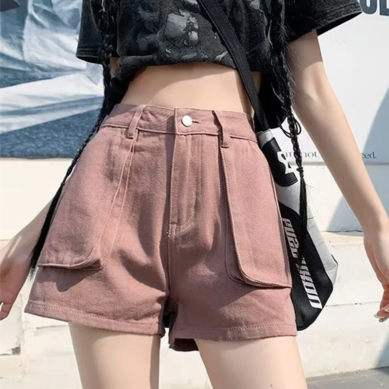 

Розовые джинсовые шорты-карго American Spicy Girls, повседневные универсальные джинсовые шорты с большими карманами, свободные широкие шорты трапециевидной формы больших размеров