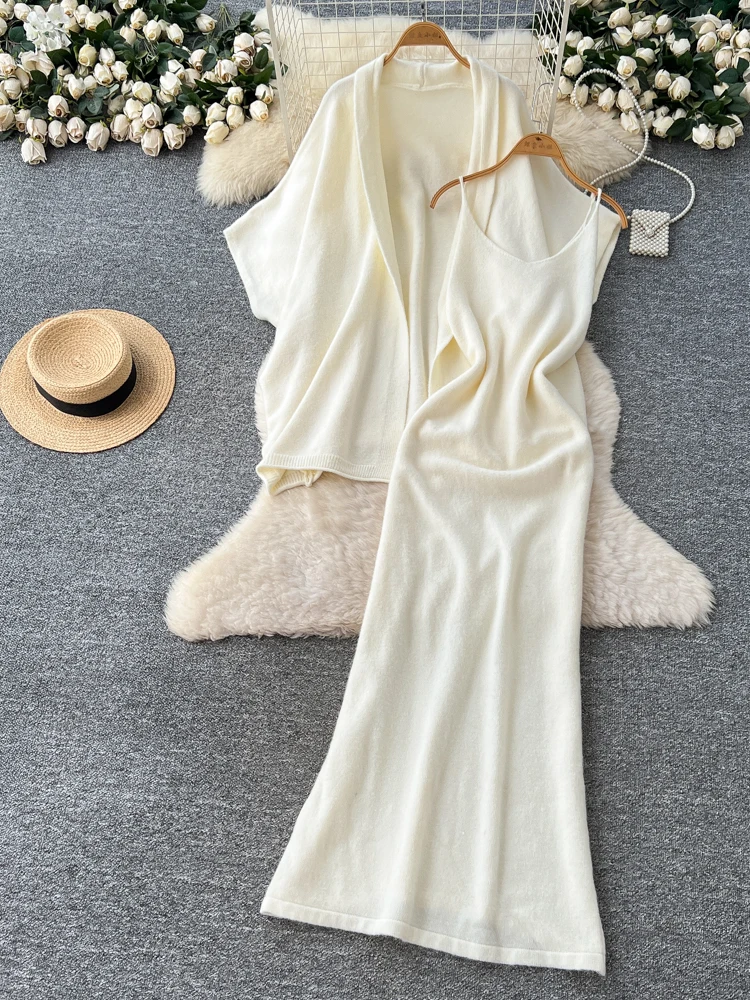 

Casual Sle Batwing Sve Knitted Open Cardigan Outerwear + Inner Strap Dr Women's Loose Fit Faion Set Autumn Wear