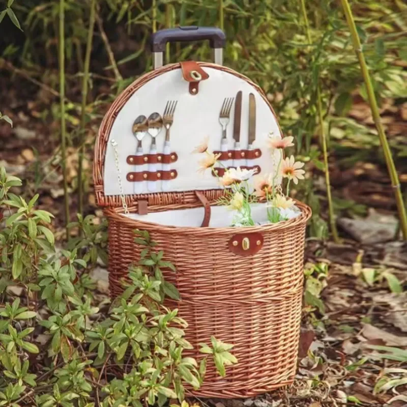 Multifunctional Eco-friendly Modern Portable Hand Woven Rectangle Storage Wicker Basket Pull-Type Picnic Tool Lid Outdoor