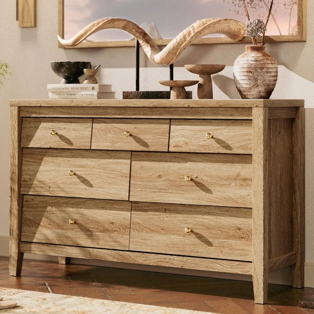 7 Drawers Dresser with Beveled Panel, Farmhouse Chest of Dressers for Bedroom, Wood Dresser TV Stand, Drawer Organizer