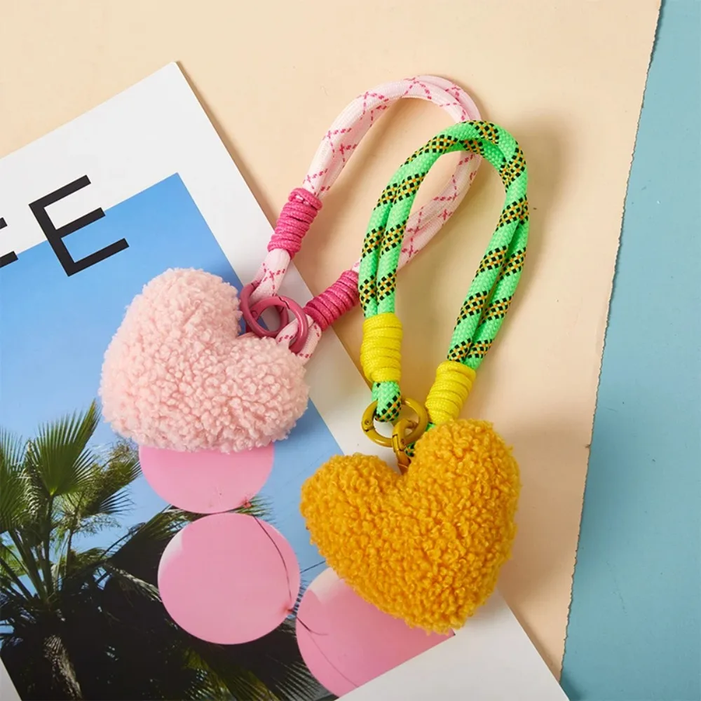 Plush Colorful Love Heart Lanyard Keychains Personality Phone Strap Bags Braided Strips Keycord Hanging Trousers Accessories