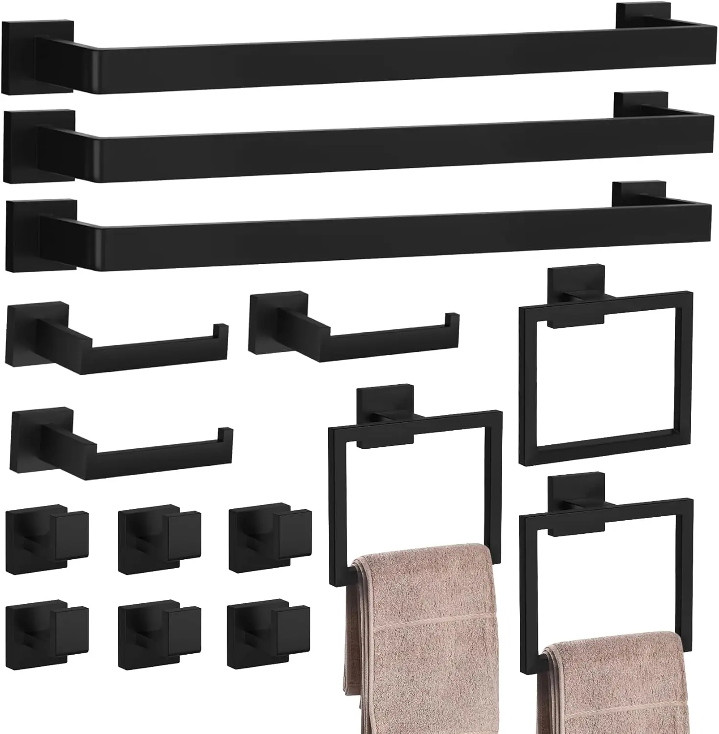 

15-Piece Matte Black Bathroom Set, 23.6" Towel Bar, SUS 304 Stainless Steel Wall-Mounted Racks