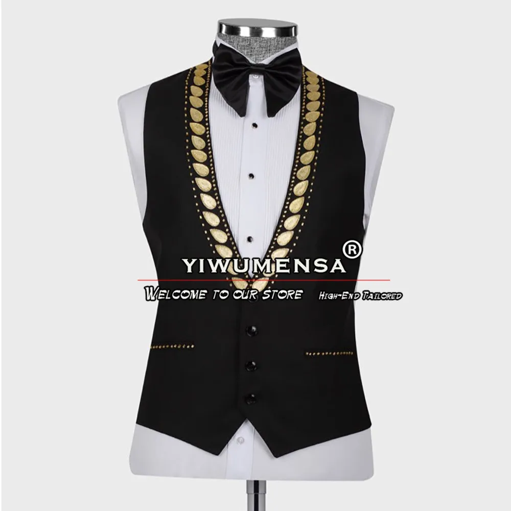 Black Wedding Suits For Men Gold Crystals Beading Jacket Vest Pants 3 Pieces Groom Prom Tuxedos Tailor-Made Man Party Clothing