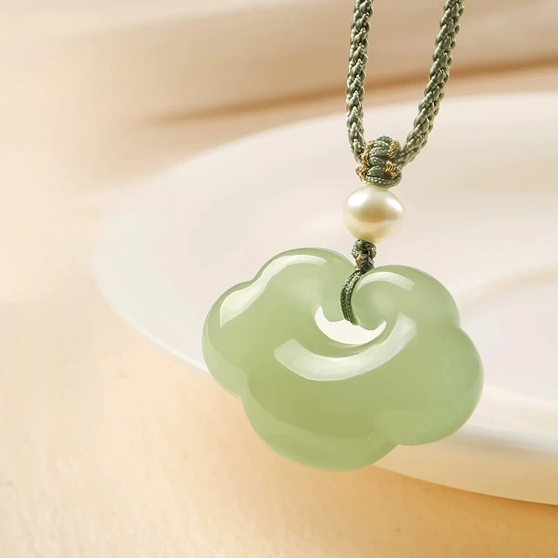 Chinese Style Natural Hetian Jade Lucky Ruyi Lock Pendant Necklace With Pearl Adjustable Braided Rope For Women Men Kids Good