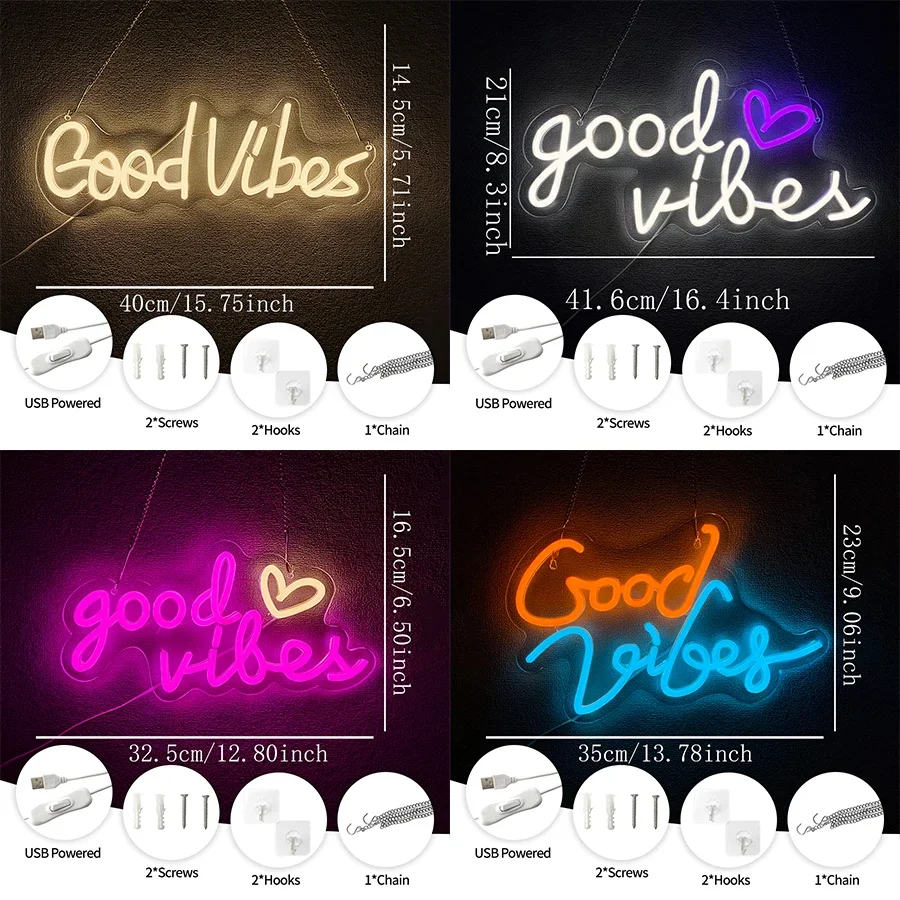 Heart-Shaped And Letter Icons, Used For Bedroom, Party, Studio, Bar, Game Room Decor, Gifts For Lovers，Good Vibes Neon Signs.