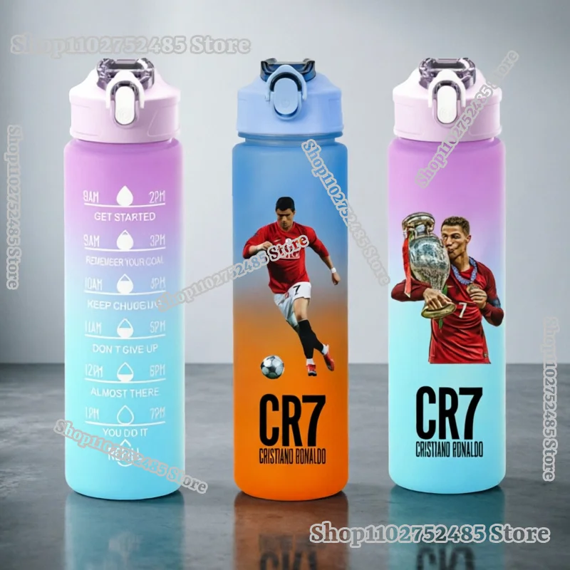 Garrafa de Água de 750ML com Estampa de Estrelas do Futebol Cristiano Ronaldo, Copo com Canudo em Cores Gradientes de Alta Estética, Portátil para Esportes ao Ar Livre e Academia, Presentes
