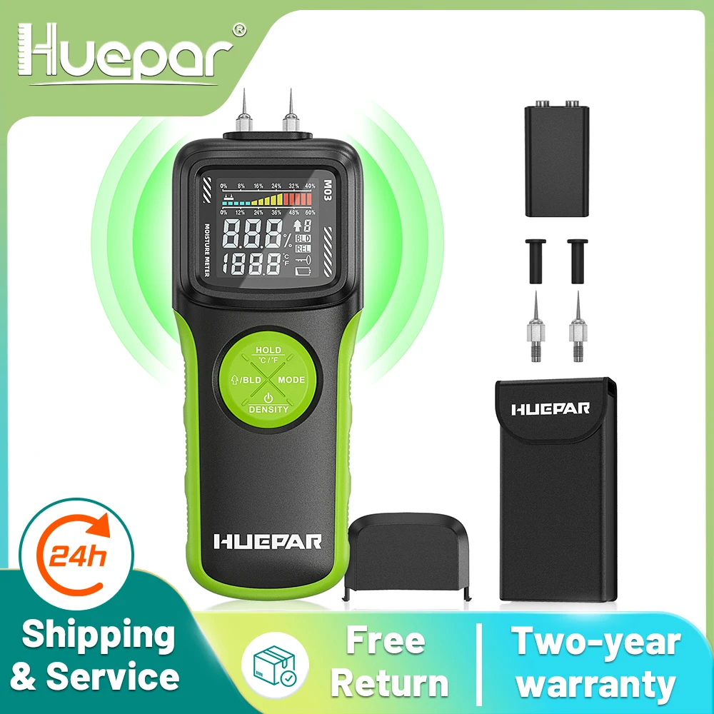 Huepar M03 Digital Wood Moisture Meter Pin & Pinless 2 in 1 Water Leak Detector 9 Types Wood Dampness Tester with LCD Backlit