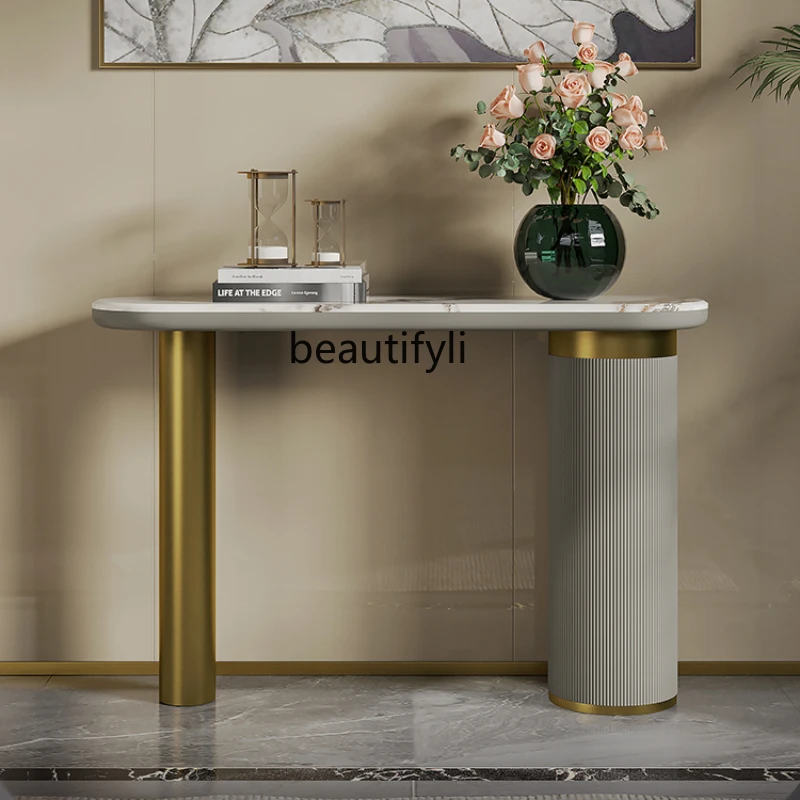 

Light Luxury Console Simple Living Room Stainless Steel Marble Side View High-End Lobby Desk