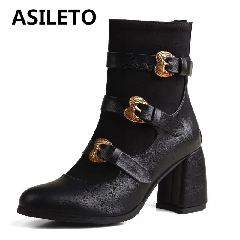 ASILETO 2024 New Ankle Boots Round Toe Chunky Heels 7.5cm Zipper Belt Buckle Splice Large Size 50 51 52 Fashion Dating Booties