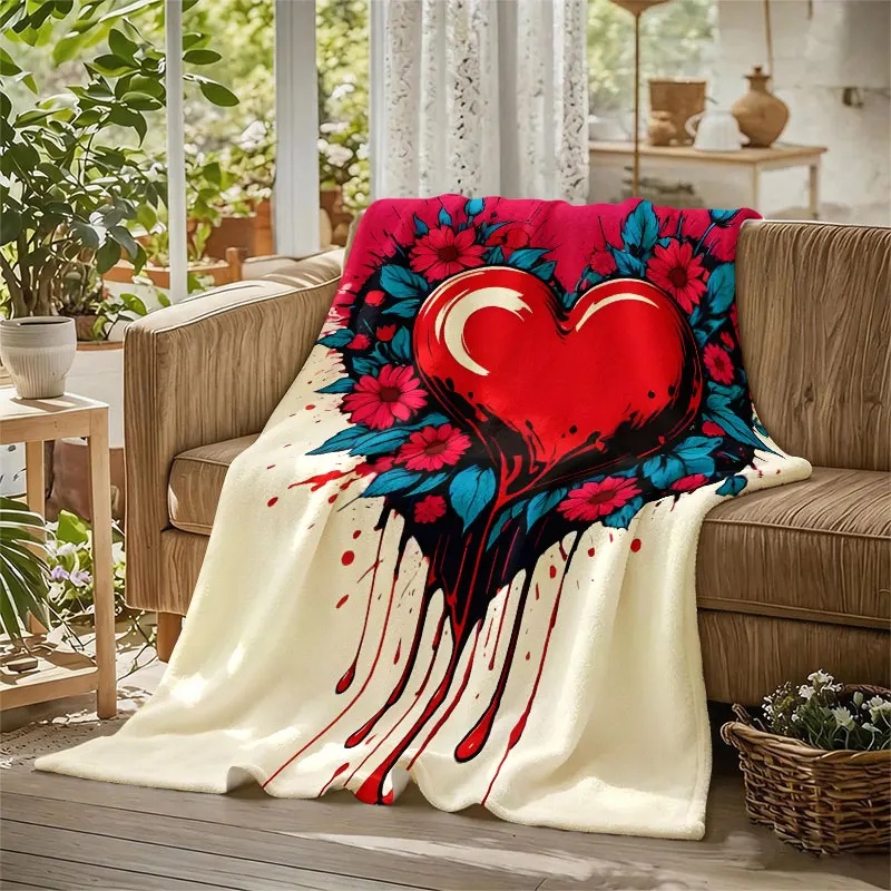 Red Heart Flowers Drip Flannel Blanket Perfect for Sofa Office Bed Travel Sleep Read Relax Camping Four Season Use