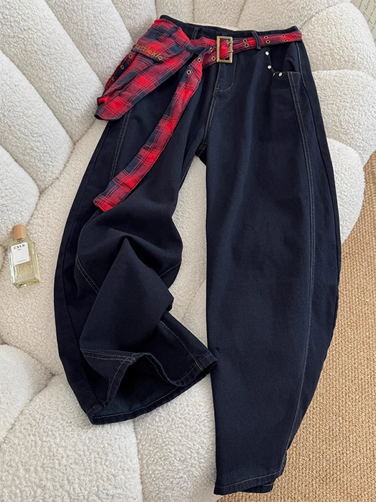 

Юбка в клетку с высокой талией в американском стиле High Street, широкие брюки для джазовых танцев, мужские джинсы, занавеска с ножом, брюки прямого кроя